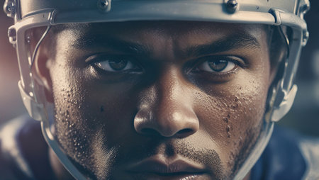 Close Up of a Football Player Wearing a Helmet on the Field.の素材