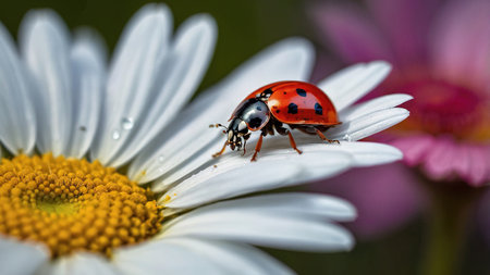 Colorful Ladybug Resting on a Bright Daisy Flower in a Garden Setting.の素材