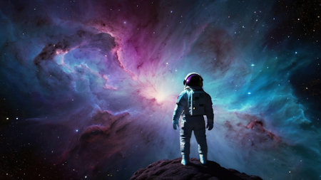 An astronaut walks through the vast expanse of space, the colorful nebula swirling around themの素材