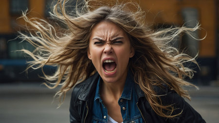 Woman With Long Hair Expresses Powerful Emotion Outdoors in Urban Setting During Daytimeの素材