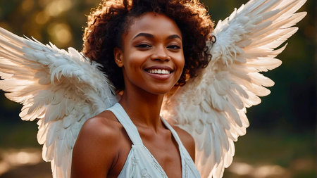 Elegant African American Woman With Angel Wings Smiling in a Sunlit Forest.の素材