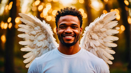 Smiling African American Man Dressed as a Celestial Being With Wings in a Forest at Sunset.の素材