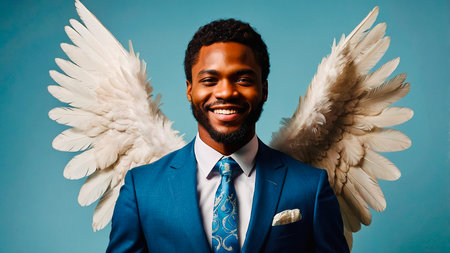 Happy Young African American Man in Formal Suit With Angel Wings Against Light Blue Background.の素材