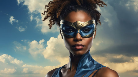 African American superhero. Portrait of black woman n fantastic costumeの素材
