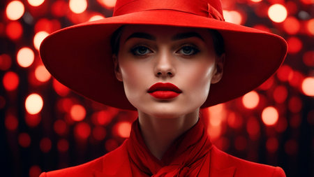 Striking Woman in Red Hat Posing Elegantly Against Vibrant Red Background.の素材