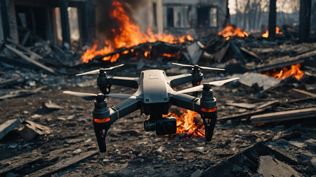 A quadcopter hovers near the remains of a devastated urban environment engulfed in flames. The aftermath of the conflict reveals charred buildings and debris scattered across the ground.の素材