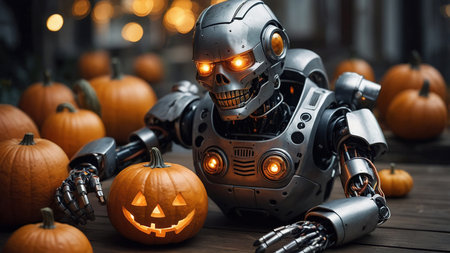Robot Holding Carved Pumpkin in a Spooky Forest During Autumn Celebration Halloweenの素材