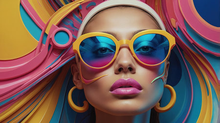 Stylish Young Woman Wearing Colorful Sunglasses Posing in Bright Fashion Attireの素材