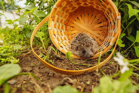 A Curious Hedgehog Peeking Out From Its Wicker Basket Home in the Garden.の写真素材