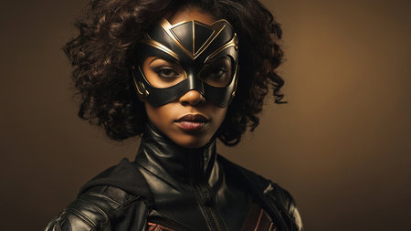 A Young African American Superhero In A Bold Costume Poses Confidently Against A Dark Background.の素材