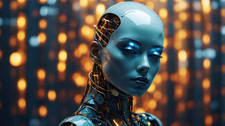 Futuristic Robotic Model Displaying Advanced Artificial Intelligence Features in a Neon-lit Room.の素材