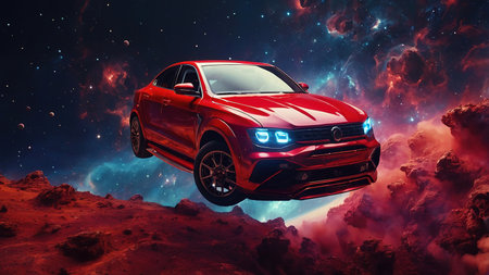Futuristic Red Vehicle in a Cosmic Landscape With Stars and Planets at Dusk.の素材