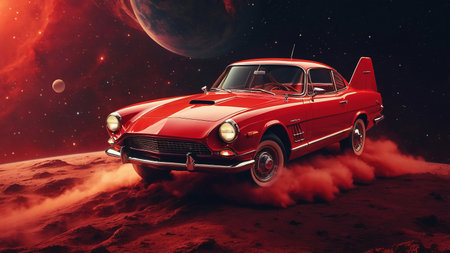 Futuristic Red Vehicle in a Cosmic Landscape With Stars and Planets at Dusk.の素材
