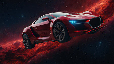 Futuristic Red Vehicle in a Cosmic Landscape With Stars and Planets at Dusk.の素材