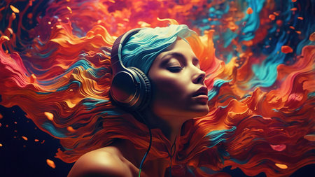 Young Woman Enjoying Music While Surrounded By Vibrant Colorful Abstract Swirls.の素材