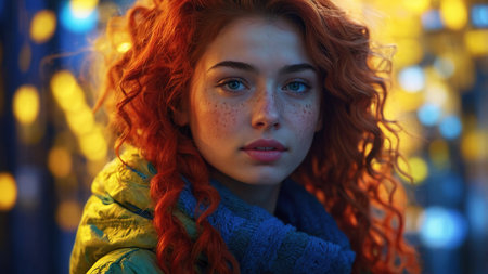 Young Woman With Vibrant Red Hair Posing in Urban Setting During Evening With Colorful Bokeh Lights.の素材
