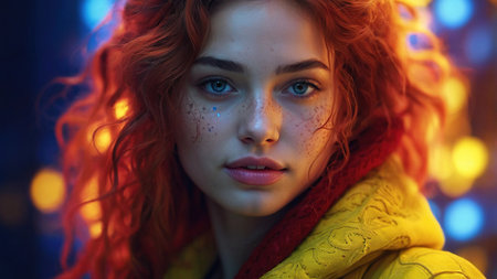Young Woman With Vibrant Red Hair Posing in Urban Setting During Evening With Colorful Bokeh Lights.の素材