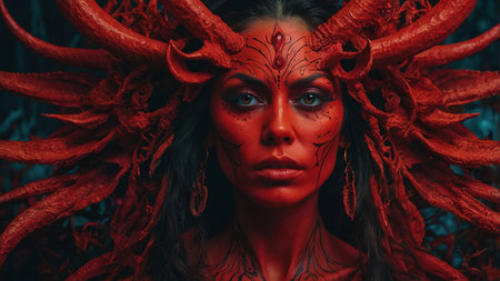 A Sinister Red Demon With Elaborate Horns and Intricate Body Art in an Enigmatic Setting.の素材