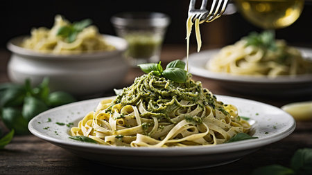 Delicious Homemade Fettuccine Pasta With Fresh Basil Pesto Served on a White Plate in a Cozy Kitchen.の素材