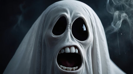 Mysterious Ghostly Figure Shrouded in White Cloth Haunted Old Manor at Midnight.の素材