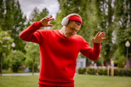 A Man In A Red Sweater Dances With Headphones On In A Park.の写真素材