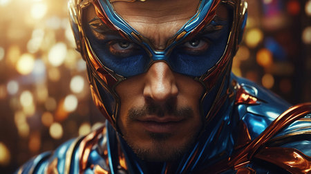 A fearless superhero confronts danger in a vibrant city at dusk, ready to protect the innocent and uphold justice with unwavering determinationの素材