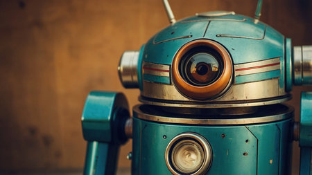 A charming retro robot stands proudly in a workshop, showcasing its polished metal body and vibrant colors under soft, warm lightingの素材