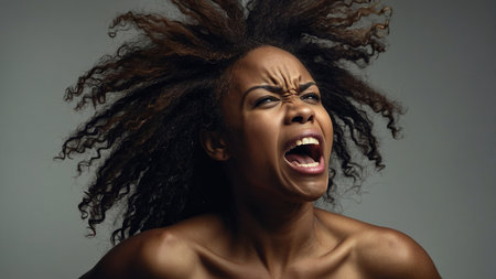 Intense Expression of Emotion by African American Woman With Wild Hair.の素材