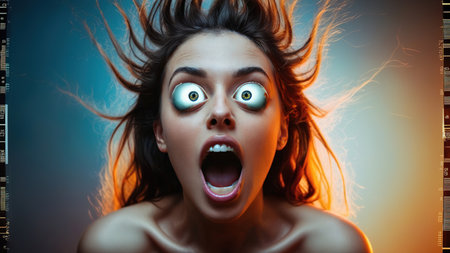 A woman expresses intense fear amidst swirling chaotic colors, conveying raw emotion in an artistic settingの素材