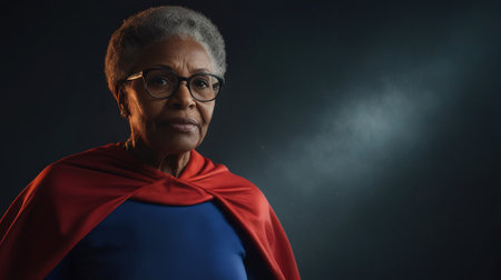 An elderly African American woman poses heroically in a blue superhero costume with a red cape against a dark backdrop.の素材