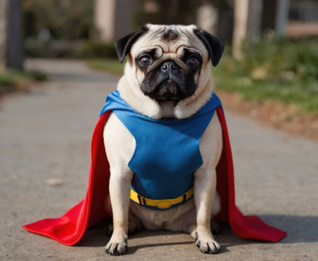 A superhero pug in a colorful costume poses confidently, showcasing bravery.の素材