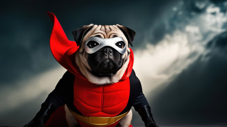 A superhero pug in a colorful costume poses confidently, showcasing bravery.の素材