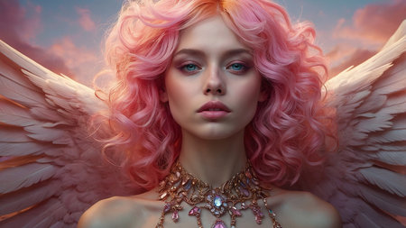 A young woman with pink curly hair and angel wings gazes contemplatively against a dramatic sunset backdrop in a fantasy landscapeの素材