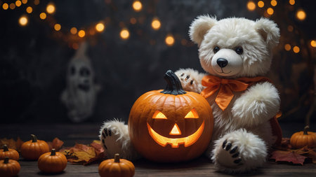 A cheerful teddy bear sits beside a carved pumpkin on a cozy Halloween night, surrounded by small pumpkins and glowing lightsの素材