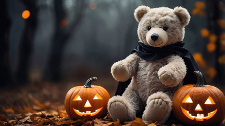 A cheerful teddy bear sits beside a carved pumpkin on a cozy Halloween night, surrounded by small pumpkins and glowing lightsの素材