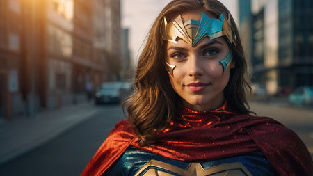A confident female superhero stands ready for action in a bustling urban setting during golden hour, showing her vibrant costume and cape.の素材