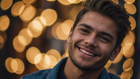 Young man smiling candidly in a bustling outdoor market during the evening with warm lights in the backgroundの素材