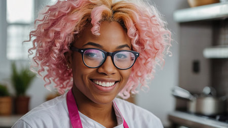 A young African-American female chef confidently smiles in the kitchen, demonstrating culinary skills and passion for cooking delicious dishesの素材