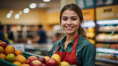 A friendly seller poses in a vibrant grocery store filled with fresh produce during a busy afternoon.の素材