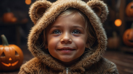 A cheerful child in a teddy bear hoodie poses among pumpkins during a festive autumn celebration with warm lights in the backgroundの素材