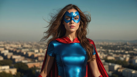 A female superhero stands confidently in a bustling city street, ready to defend against threats during the golden hourの素材