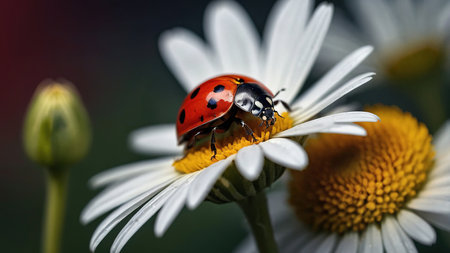 Colorful Ladybug Resting on a Bright Daisy Flower in a Garden Setting.の素材