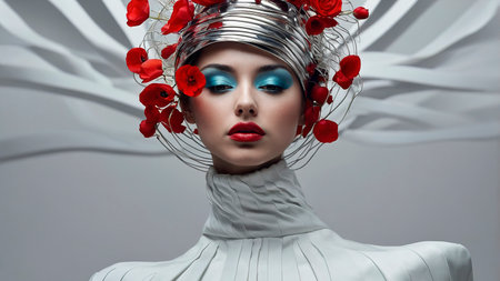 Contemporary fashion portrait featuring a model in unique headpiece.の素材