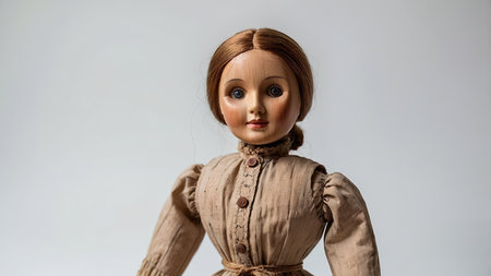 Antique wooden doll with blue eyes and vintage dress displayed indoors in natural light.の素材