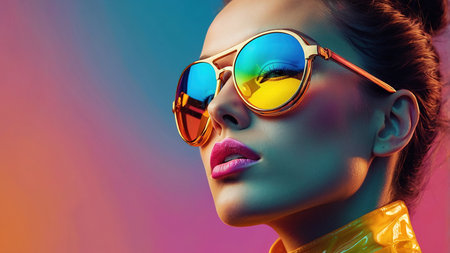 Stylish Young Woman Wearing Colorful Sunglasses Posing in Bright Fashion Attireの素材
