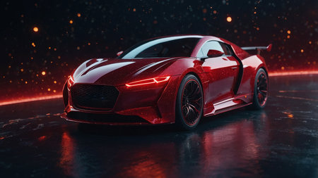 A striking red sports car showcased against a dark background with vibrant light effects highlighting its sleek design.の素材
