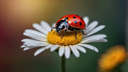 Colorful Ladybug Resting on a Bright Daisy Flower in a Garden Setting.の素材