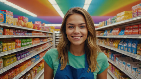 A friendly seller poses in a vibrant grocery store filled with fresh produce during a busy afternoon.の素材