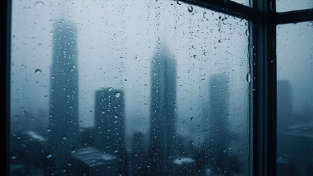 Rain droplets on a window with a blurred urban skyline in the background during a stormy eveningの素材