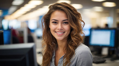 Smiling young woman with curly hair working in a busy office environment during the day, surrounded by computer screens.の素材